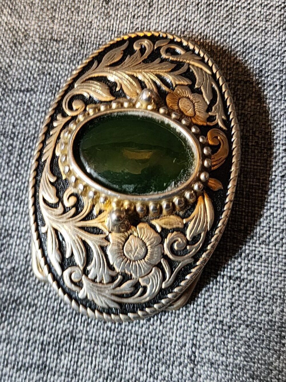 Vintage Western Style Engraved Floral Silver Metal With Green Stone Belt Buckle